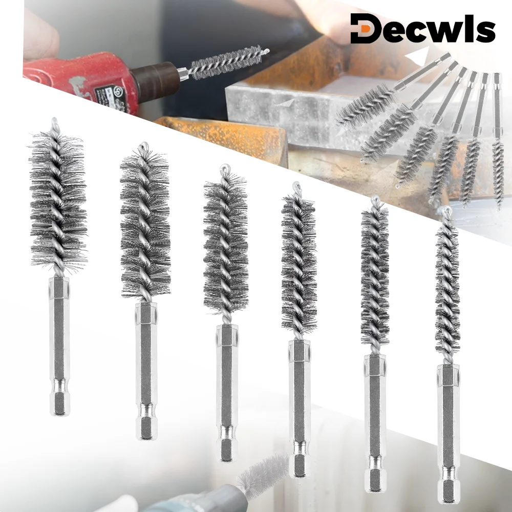 6/12-teiliges Edelstahl-Drahtbürsten-Set, Bohrreinigungsbürsten-Set, 1/4-Zoll-Sechskantgriff, 8 mm, 10 mm, 12 mm, 15 mm, 17 mm, 19 mm Haushaltsschleif-, Polier-, Reinigungs- und Image