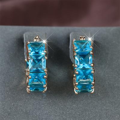 TEMU 1 Pair Boho Clip-on Earrings With Princess Cut Aqua Blue Synthetic Zirconia - Copper Ear Needle, Non-plated For All Seasons - Daily & Holiday Fashion, Valentine's Day Gift Image