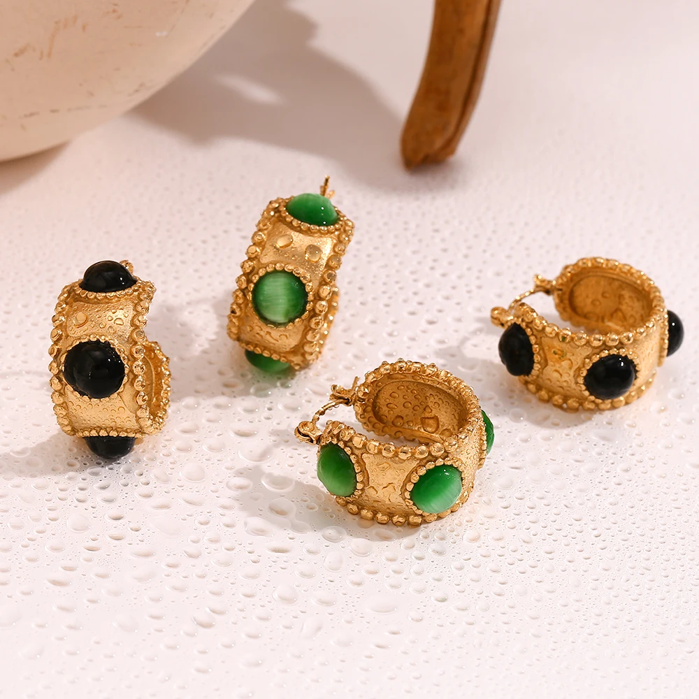 E.B.belle Vintage Grün Schwarz Achat Blumenkorb Creolen Edelstahl Schmuck Frau ästhetische Ohrringe wasserdicht Schmuck Image