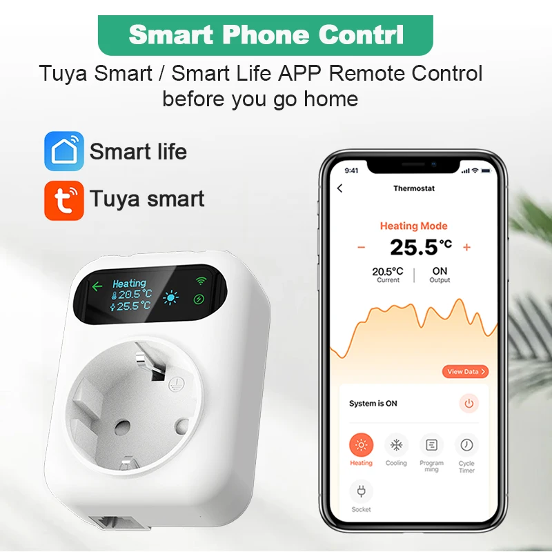 Tuya Smart Steckdose Wifi Thermostat Steckdose Stecker Wireless Smart Plug In Timer Wifi Verbunden Steckdose Kühlung Heizung Alexa Google Image