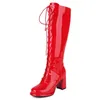 Kniehohe Stiefel für Damen, Schnürung, Blockabsätze, Party-Winterschuhe, Damenschuhe, große Größe 44, Schwarz, Weiß, Rot, langer Party-Stiefel