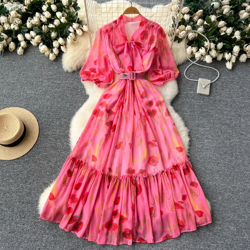Elegante Vintage print bogen Spitze-up puff hülse Kleid Chic Sexy Schlank Vestidos Sommer rüschen Party Frauen Mode Retro kleider