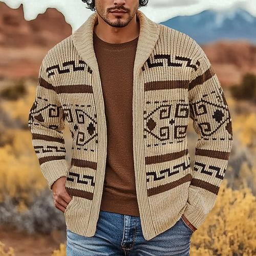 Men's Jacquard Sweater Cardigan Sweater Fair Isle Sweater Zip Sweater Knitted Cardigan Knit Zipper Tribal Rolled collar Fashion Classic Outdoor Vacation Clothing Apparel Drop Shoulder Fall Winter