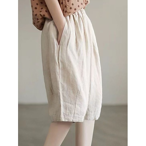 Damen Baumwoll Mischung Baggy-Shorts Knielang Einfarbig Dunkelgrün Aprikose Khaki Sommer Image