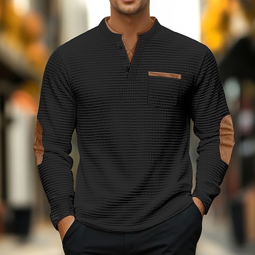 Herren Waffel-T-Shirt Poloshirts Langarm V Ausschnitt Frühling Herbst Einfarbig Mode Basic Falscher Zweiteiler Straße Lässig Sport Schwarz Grau Marineblau Top T-Shirt für Herren Image