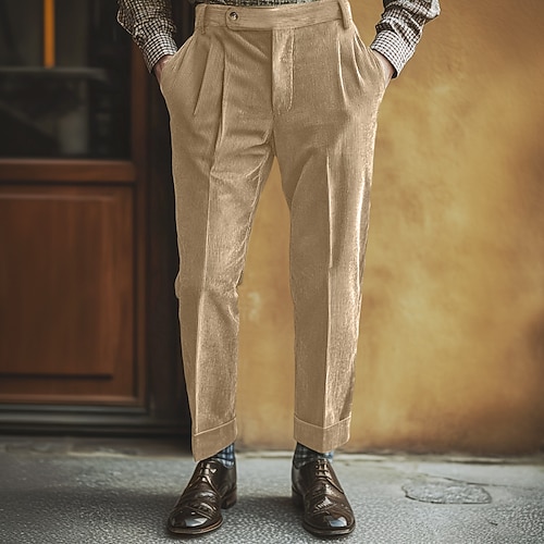 Herren Anzughosen Cordhose Hose Hosen Faltenhose Gurkha-Hose Tasche Glatt Komfort Weich In voller Länge Party Geschäft Täglich Modisch Strassenmode Hellkaki Schwarz Image