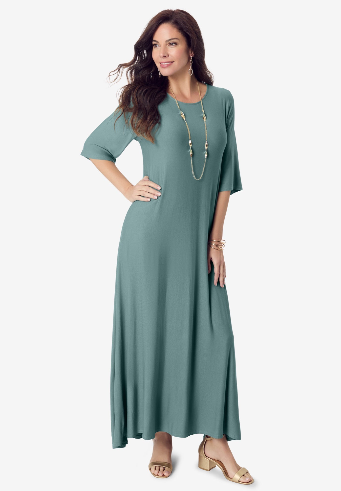 Plus Size Women's Plus Size Stretch Knit High Low Short Sleeve Maxi Dress by Roaman's in Cool Sage (Size 18/20)