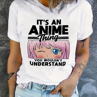 TEMU Women's Short Sleeve T-shirt, Anime Cartoon Pattern, Casual Round Neck Sports Tee, Fashionable Women's Top, Comfortable And Soft, Regular Fit, Suitable For All Image