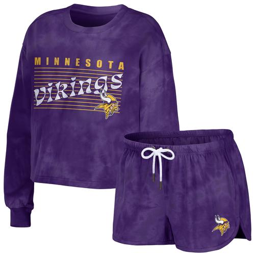 Damenmode von Erin Andrews Minnesota Vikings Tie-Dye Cropped Pullover Sweatshirt & Shorts Lounge Set in Violett