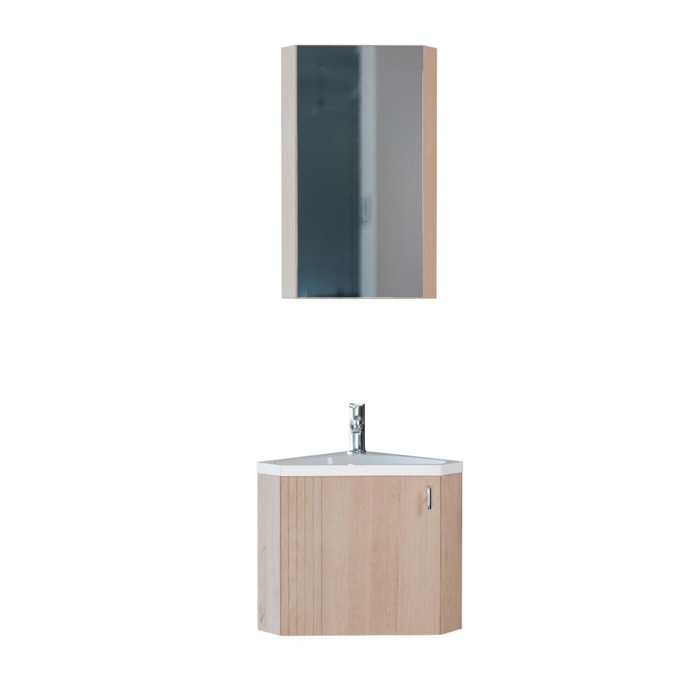 Ensemble meuble lave-mains d'angle décor chêne + armoire miroir