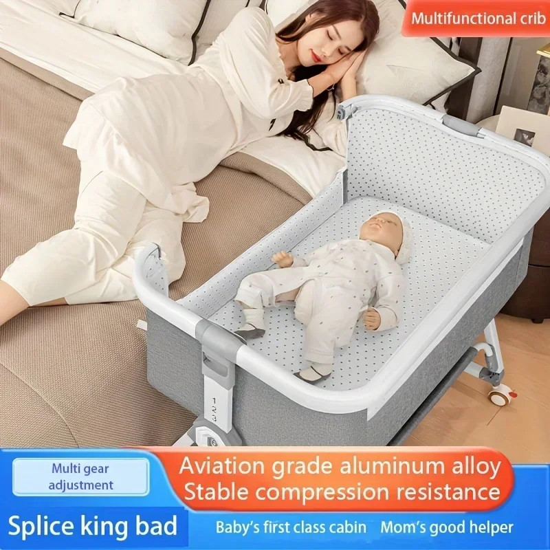 Multifunktionales Babybett mit klappbarer Höhenverstellung, tragbarer und beweglicher Nachttischschaukel, Wiege, Schlafbett Image