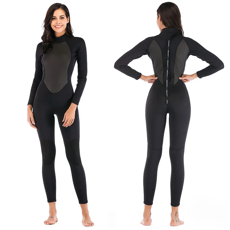 Damen 3mm Neopren Langarm-Neoprenanzug Einteiliger Tauchanzug mit Rückenreißverschluss für Tauchen Schnorcheln Surfen Schwimmen Speerfischen Image
