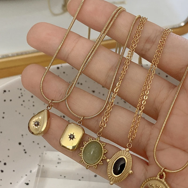 Geometrische Wasser Tropfen Stern Anhänger Halskette Für Frauen Edelstahl Schlange Kette Oval Grün Stein Charms Elegante Schmuck Geschenke