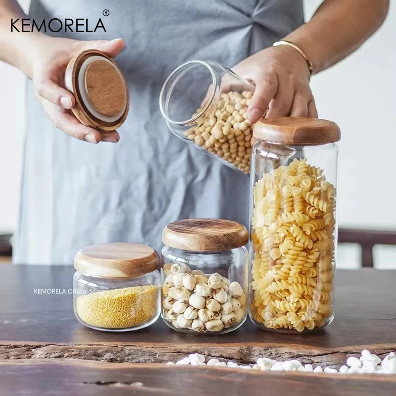 Kemorela 330/500/750/1000ml Glas Vorrats glas mit Holzdeckel Arbeits platte Gewürz flasche Gewürz glas Tee Süßigkeiten Reis Pfeffer Glas Image