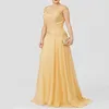 Elegante Gold A-Linie Spitze Illusion Hals Mutter der Braut Kleid Sweep Zug Chiffon Perlen Braut Party kleid angepasst