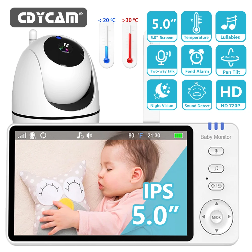 5,0-Zoll-Video-Babyphone mit Schwenk-Neige-Kamera, kabellos, Zwei-Wege-Audio, Nachtsicht, Sicherheit, Babysitter, VOX, Aufwachen, USB-Aufladung Image