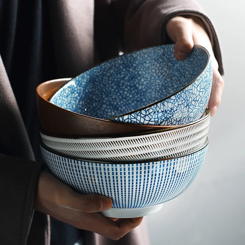 8 Inch Japanese Ramen Bowl Ceramic Noodle Bowl Stripe Design Large Soup Bowl Restaurant Household Retro Tableware