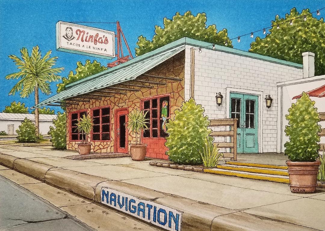 "Ninfa. 5 \"x 7\". Houston Texas. Pittura ad acquerello. Stampa d'arte. Di Ninfa e navigazione. East Houston. Acquerelli di Houston. Jim Koehn Art."