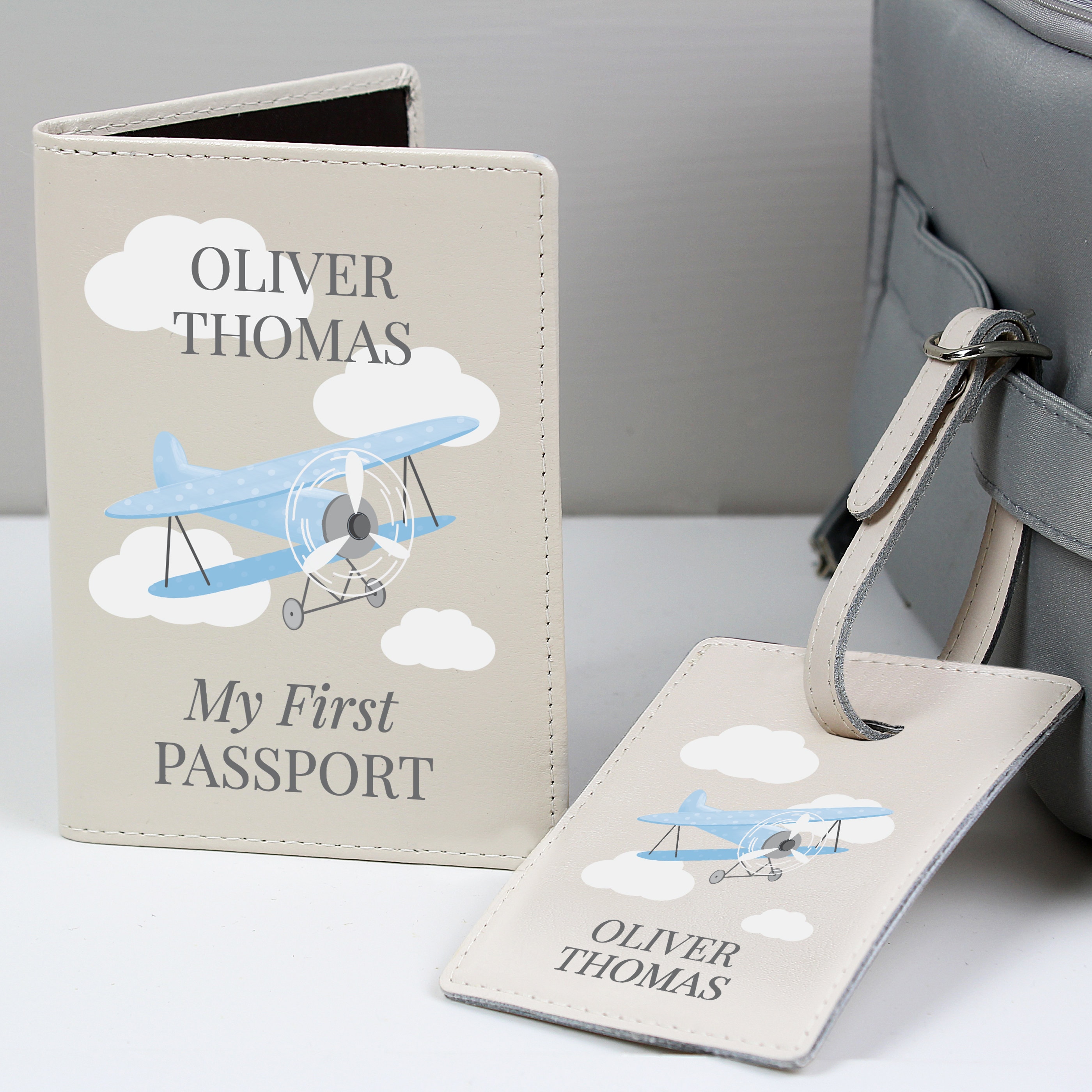 Set porta passaporto personalizzato in pelle di aereo blu ed etichetta per bagaglio - Regalo per neonato, regalo di viaggio, Il mio primo porta passap