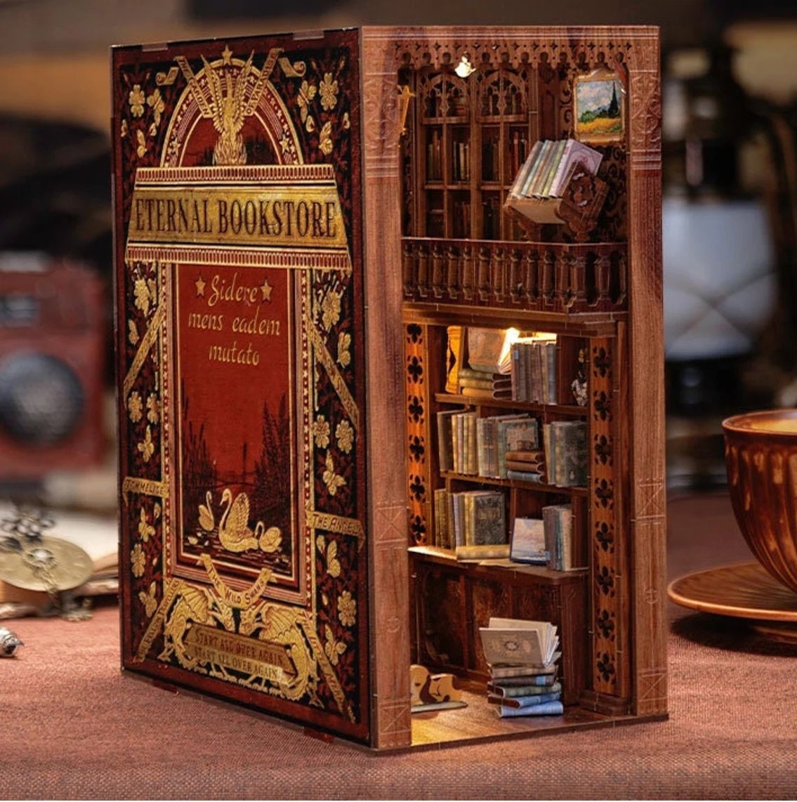 Kit angolo libro fai da te, libreria eterna, arredamento inserto libreria con luce LED e copertura antipolvere, casa delle bambole in miniatura, idee