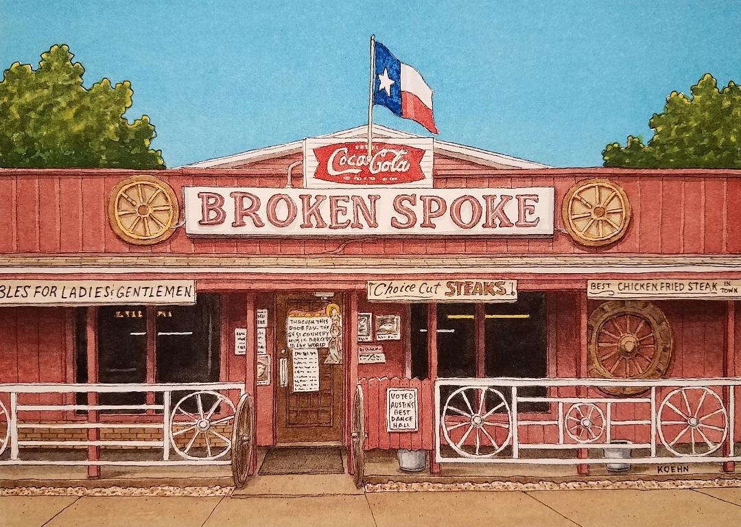 "Parlato rotto. 8,5\" x 11\". Austin Texas. Pittura ad acquerello. Stampa d'arte. Sale da ballo del Texas. Honky Tonks. Texas. Giunti di birra. Jim Koehn"