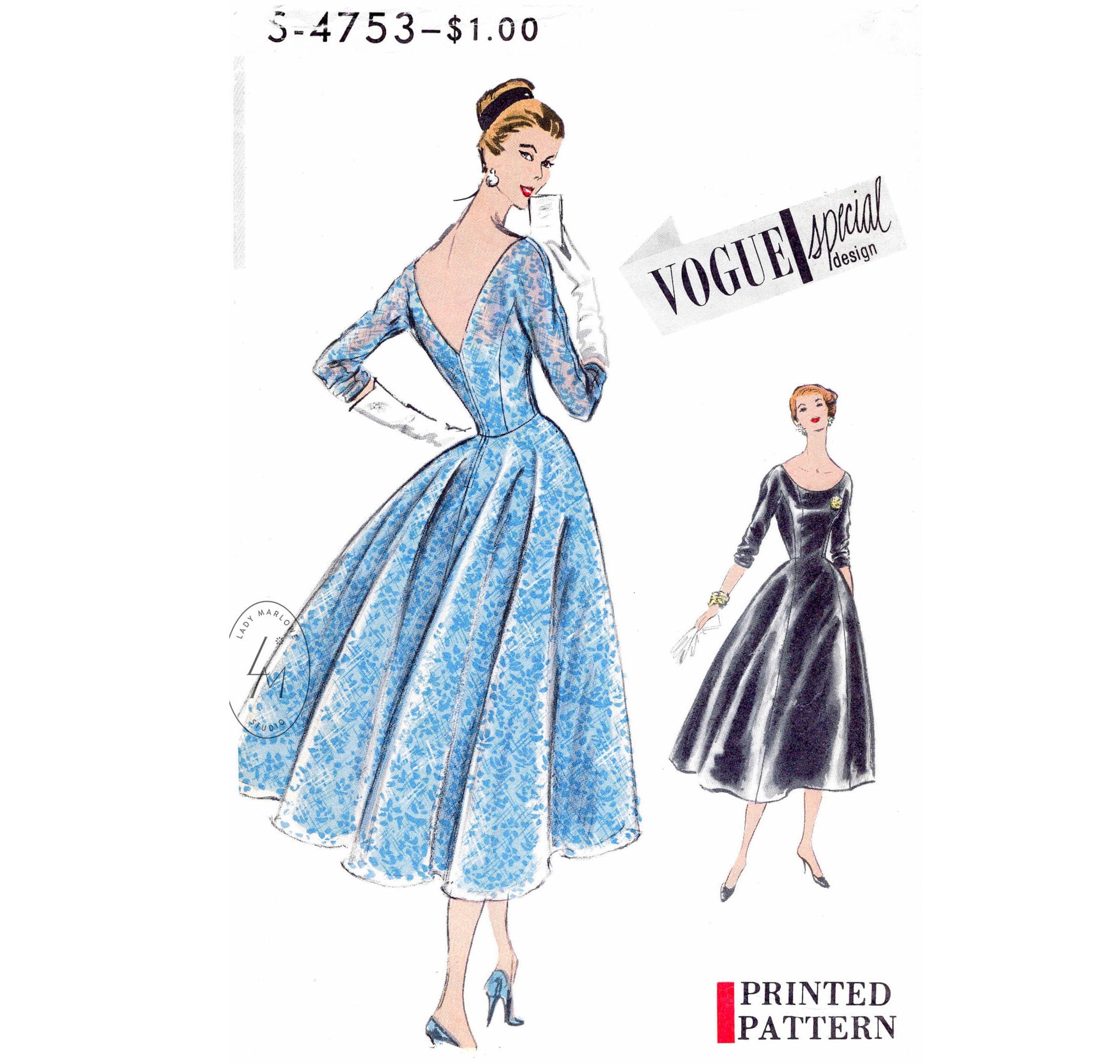 modello di cucito vintage anni '50, riproduzione di abito da cocktail e sottoveste anni '50 / scollo a barchetta / schiena a V profonda / gonna ampia