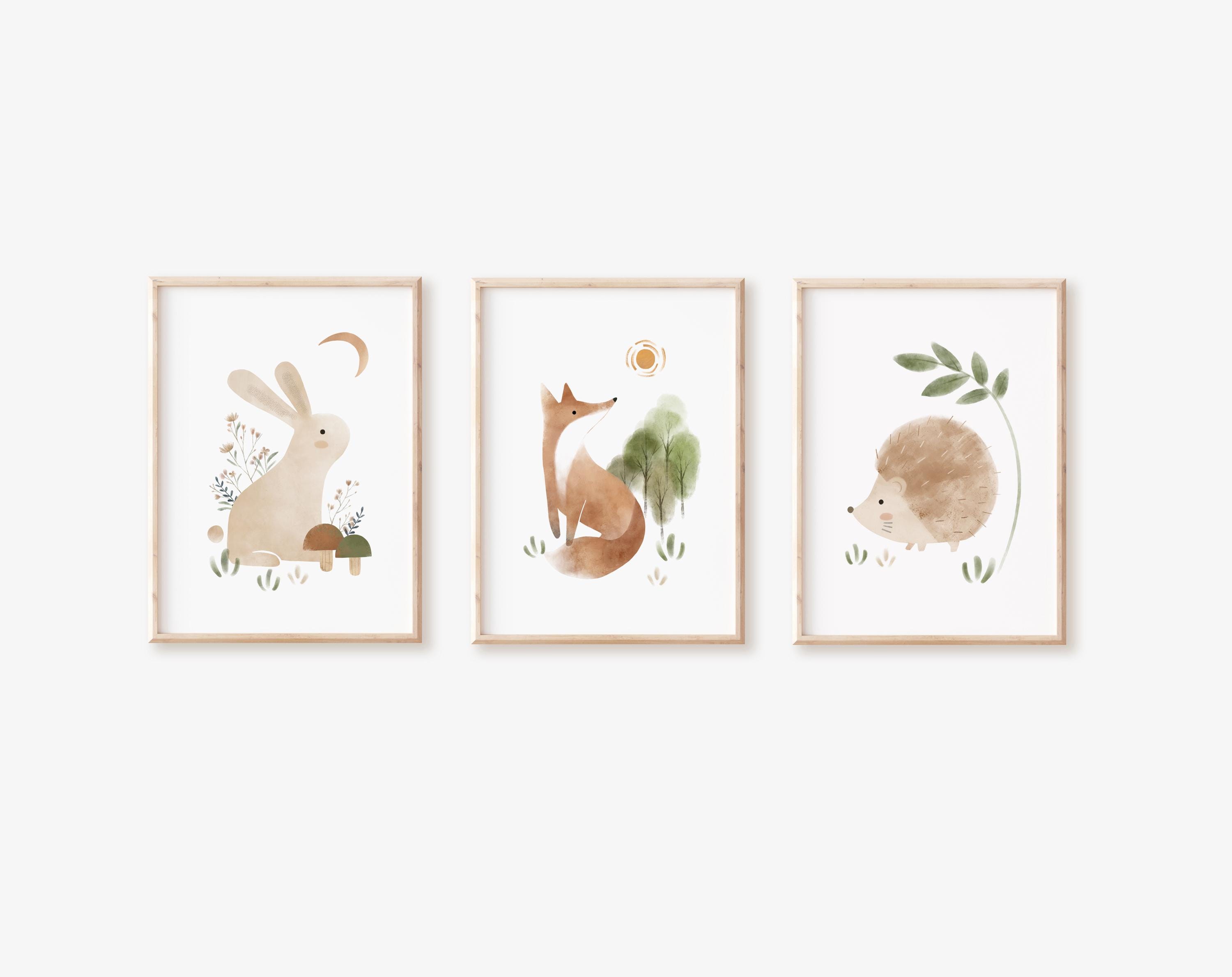 stampe d'arte del bosco, decorazioni per camerette dei bambini nel bosco, stampe di animali del bosco, arte del bosco per la cameretta dei bambini, ar
