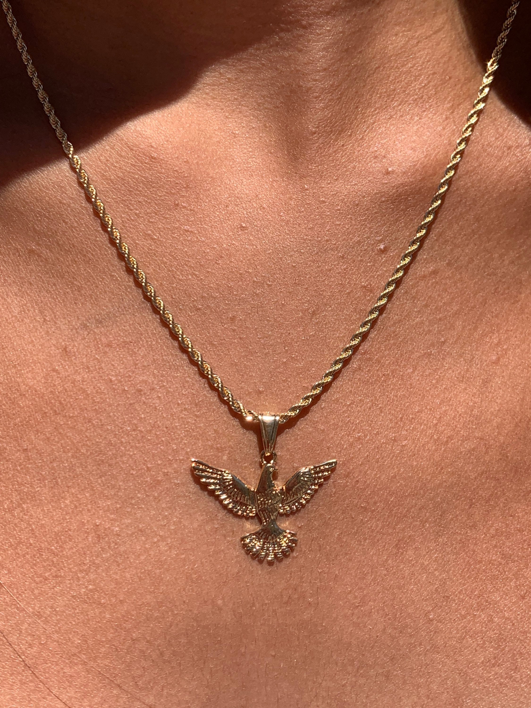 Collana con corda in oro 18 carati con aquila alata americana, collana con corda da uomo con aquila alata, ciondolo con aquila americana riempito d'or