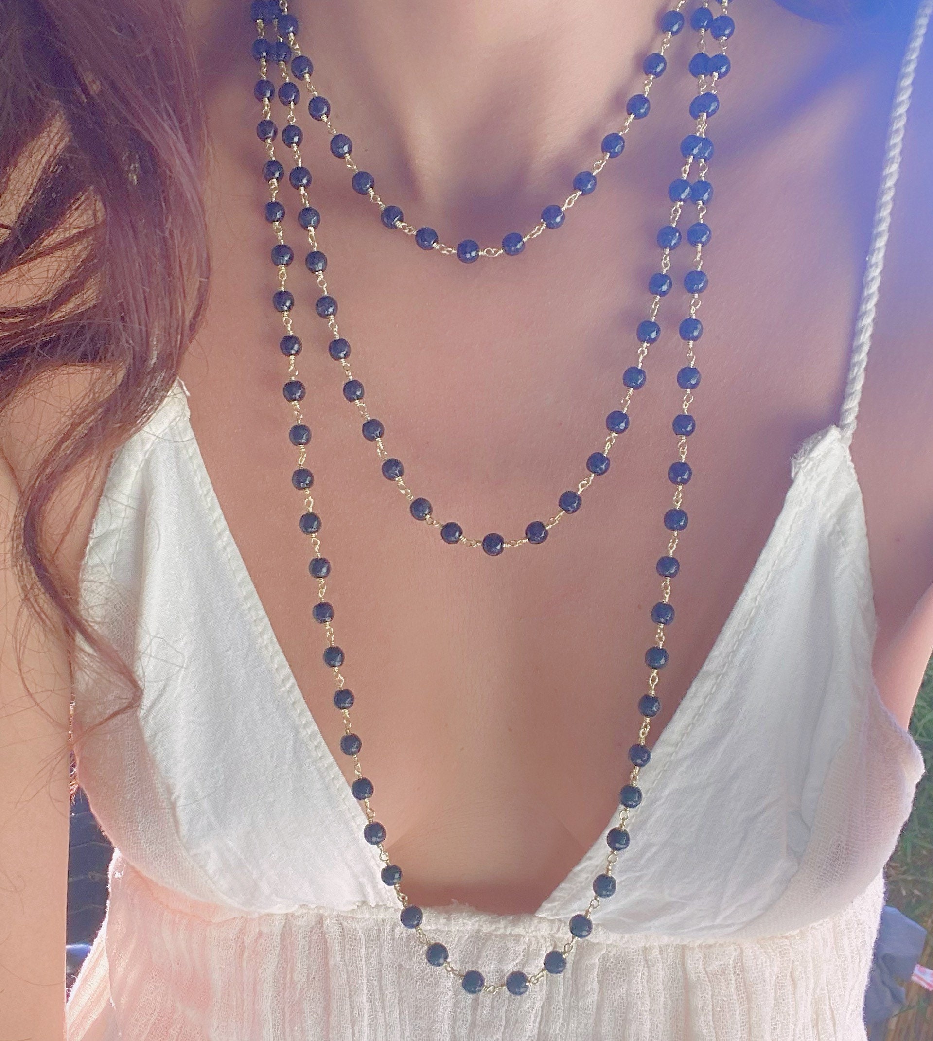 Collana con catena di perline in onice nero // Collana in onice nero // Collana in oro con onice nero // Collana con perline in onice nero // Collana