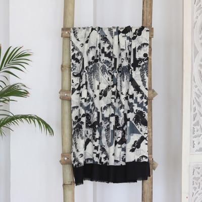 Modern Art,'Modern Abstract Handwoven Wool Shawl in White Black Grey'