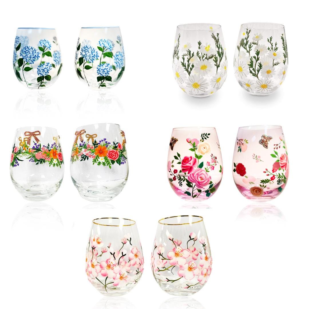 Bicchieri da vino senza stelo dipinti, bicchieri da vino senza stelo, bicchieri colorati, bicchieri da vino primaverili, bicchieri da vino con fiori p