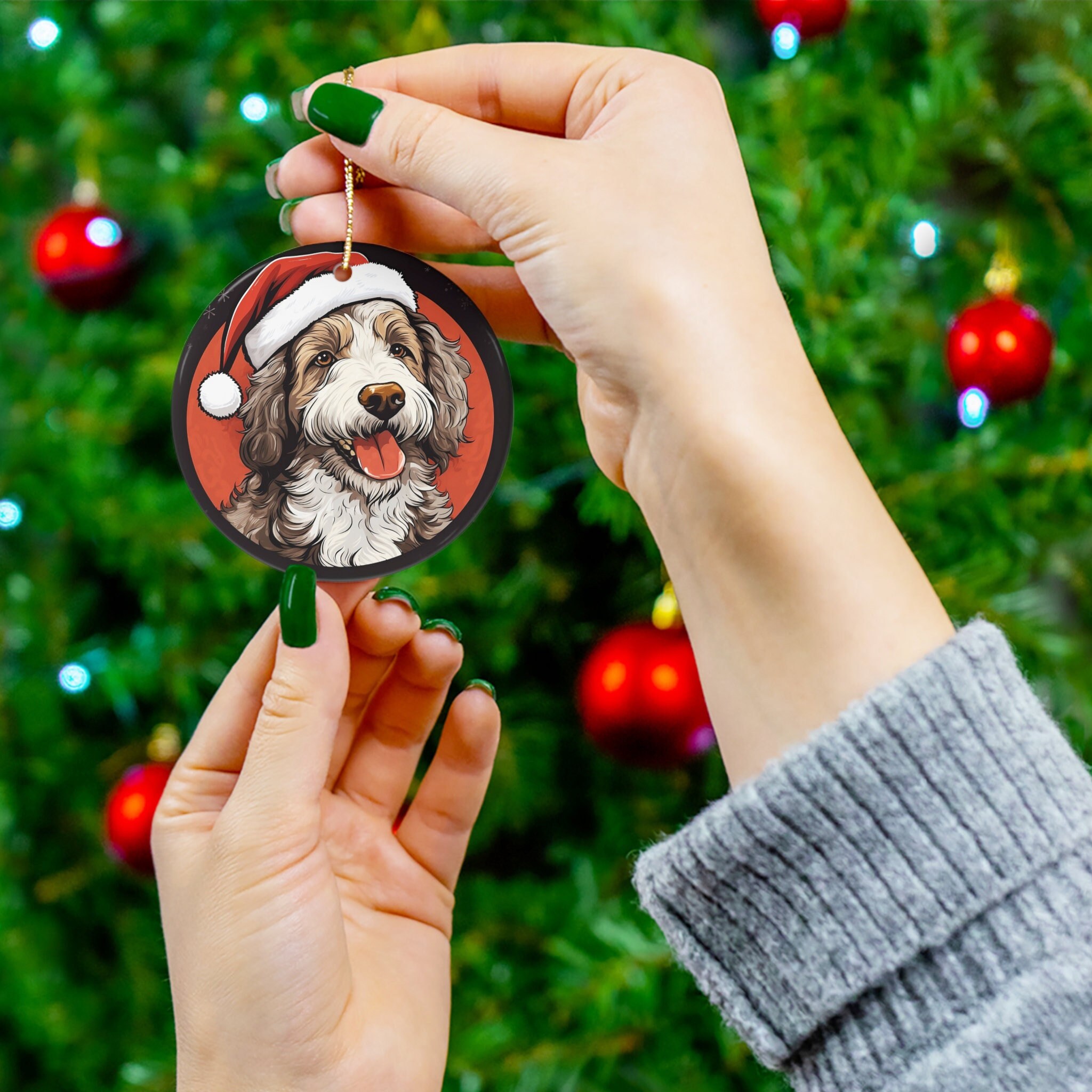 "Aussie Doodle con Santa Hat Scene 3\" Ornamento in ceramica,ornamento doodle australiano, Natale retrò,Bestseller ornamento natalizio, regalo mamma can"