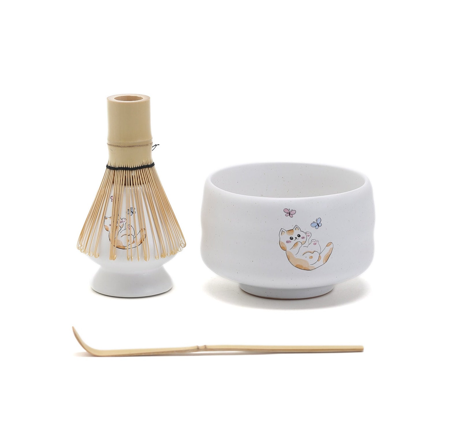 Set da tè Matcha in ceramica bianca a forma di gatto dipinto a mano con frusta per Matcha e porta Chasen, set da tè Matcha giapponese