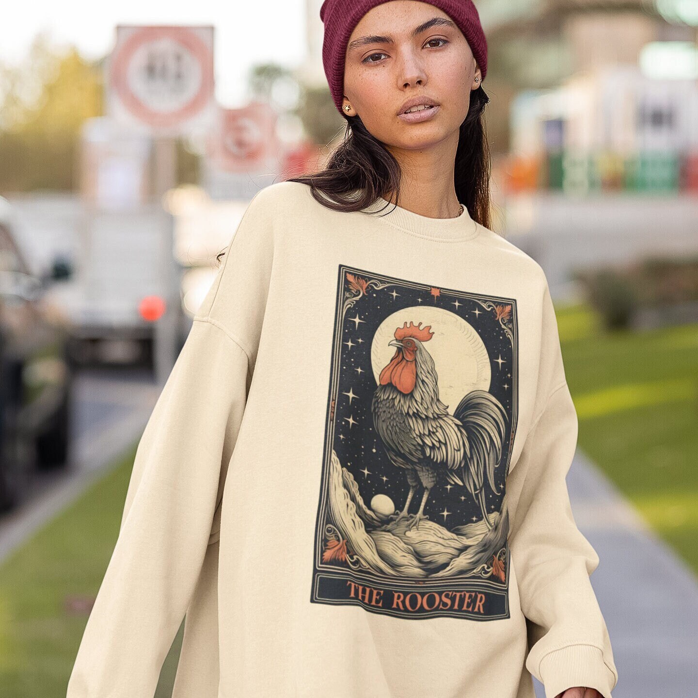 Felpa con gallo, felpa con carta dei tarocchi del gallo, maglione gallo amante del pollo gallo zodiaco cinese girocollo