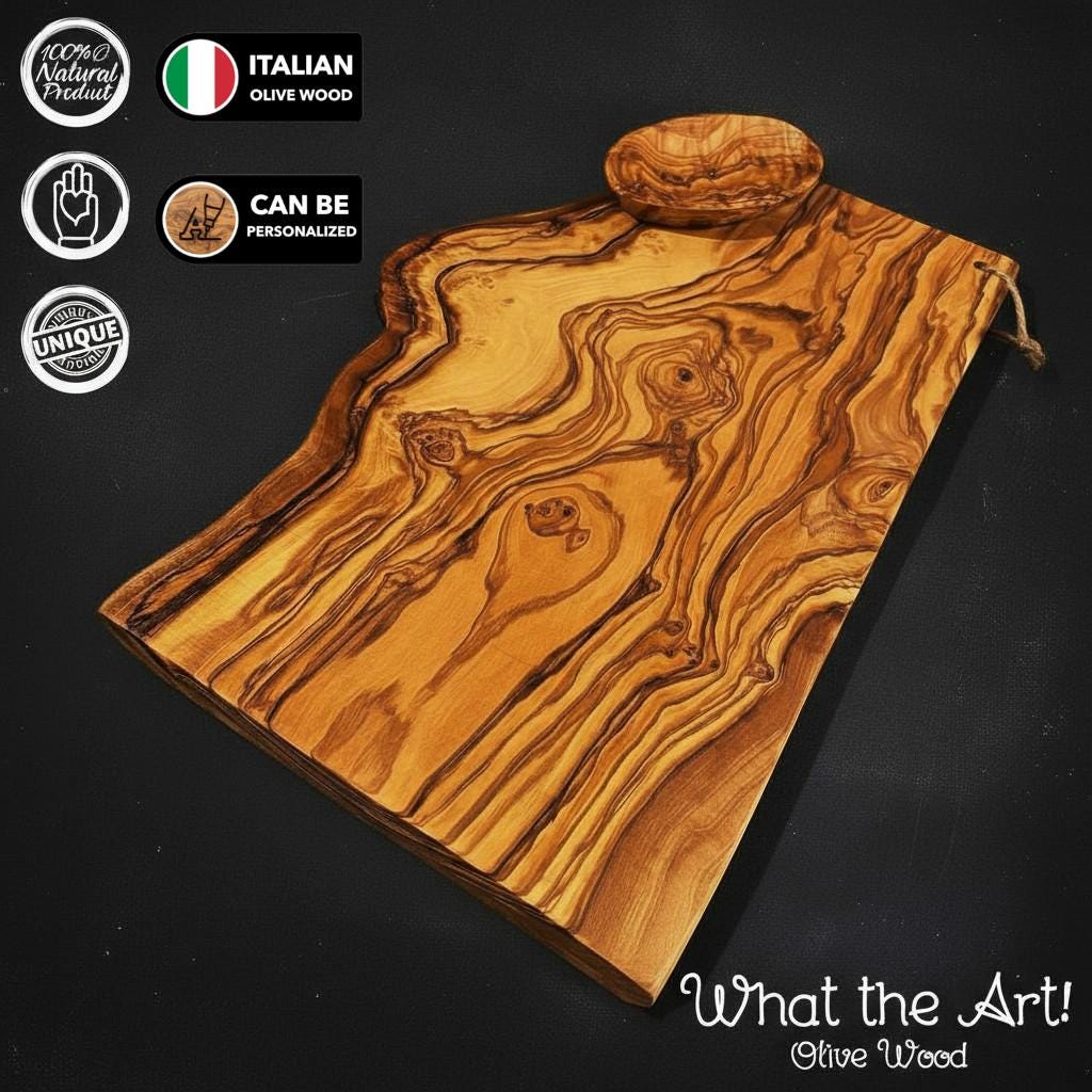 WTA! Olive Wood «Half Rustic» | Tagliere in legno d'ulivo, tagliere da portata + ciotole per salse | Fatto a mano | Tagliere in legno rustico, taglie