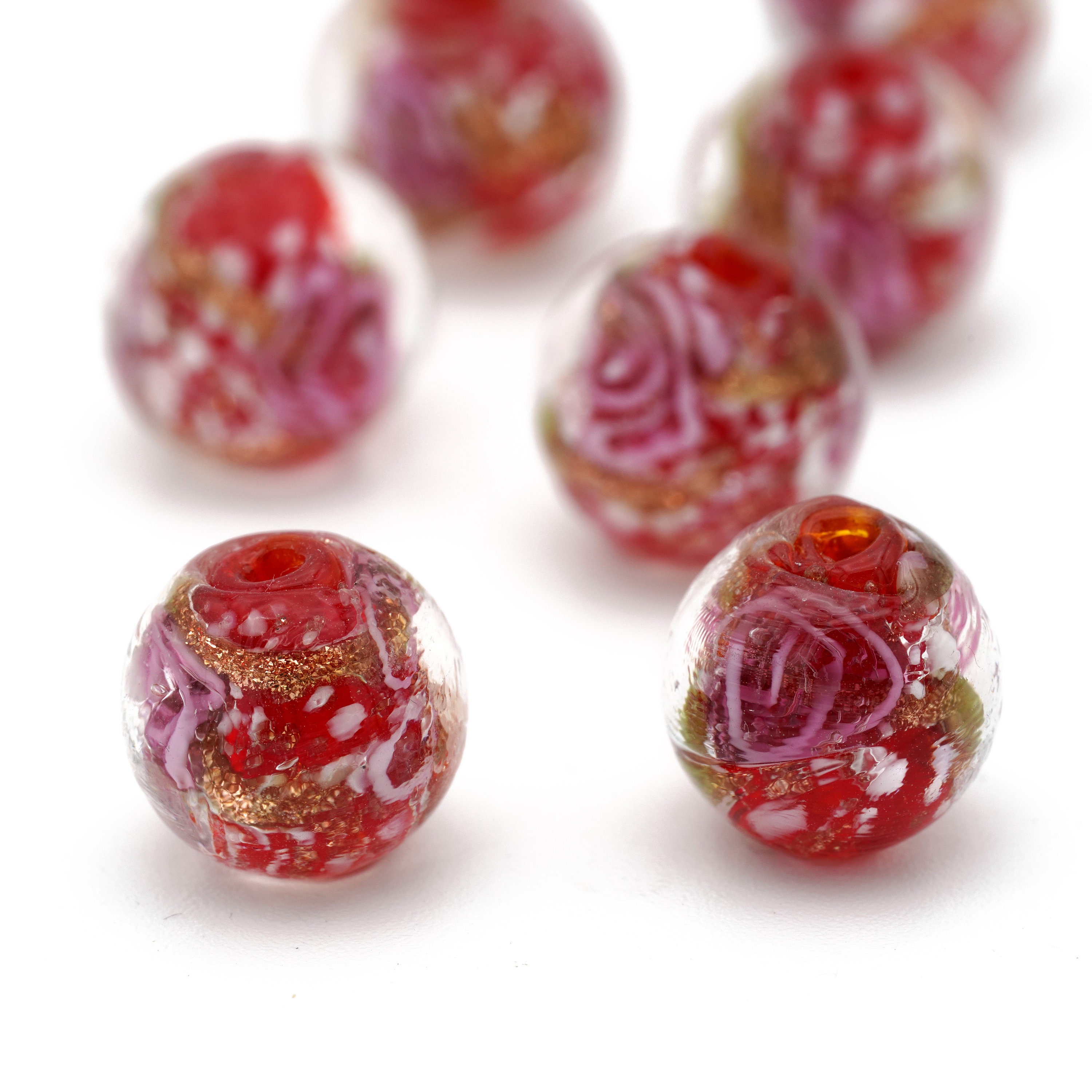 Perle in vetro di Murano rosso: perle in vetro di Murano scintillanti color oro rosa (12 mm, 10 pezzi)