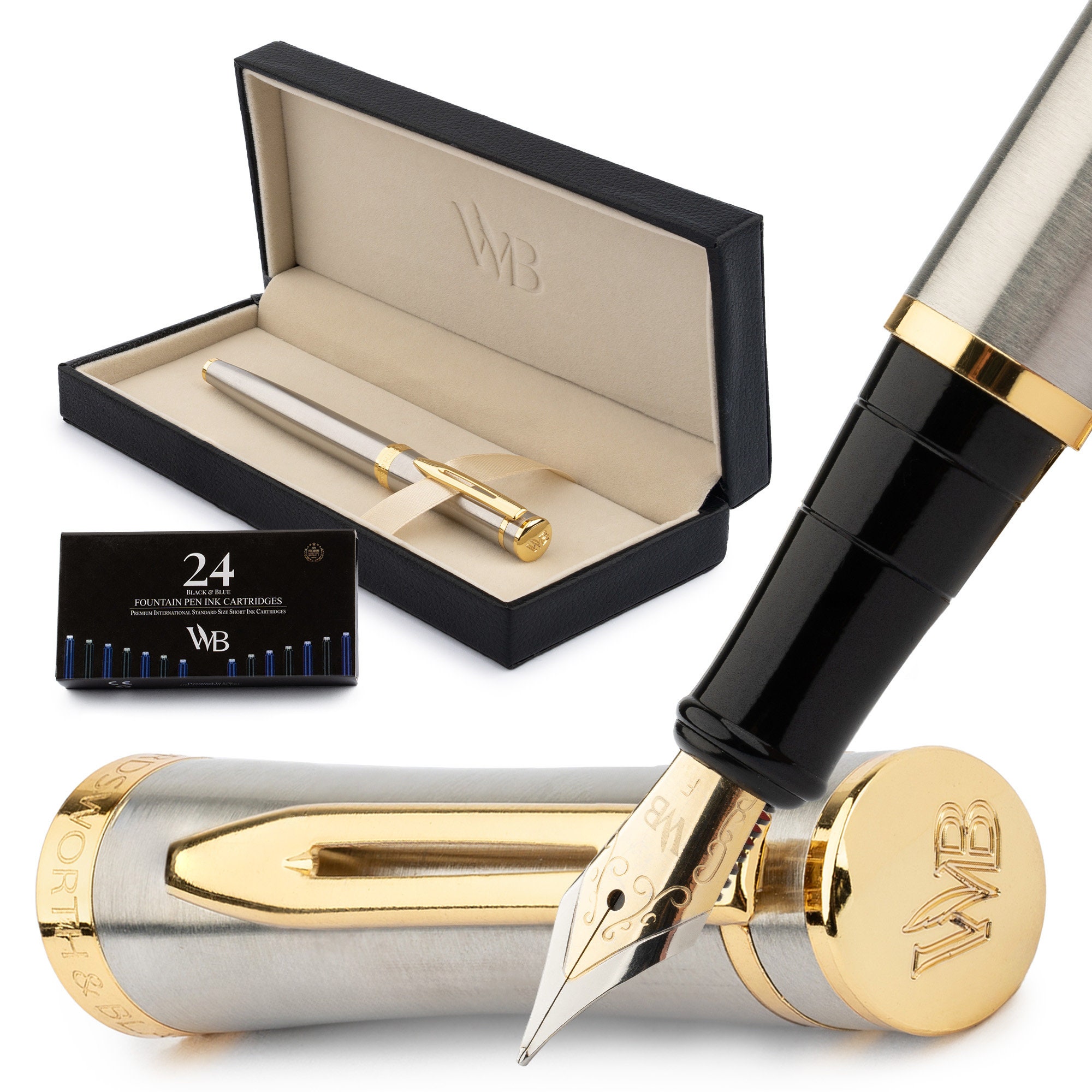 Set di penne stilografiche Wordsworth & Black Premium con 6 cartucce d'inchiostro, convertitore di ricarica, custodia per penna stilografica