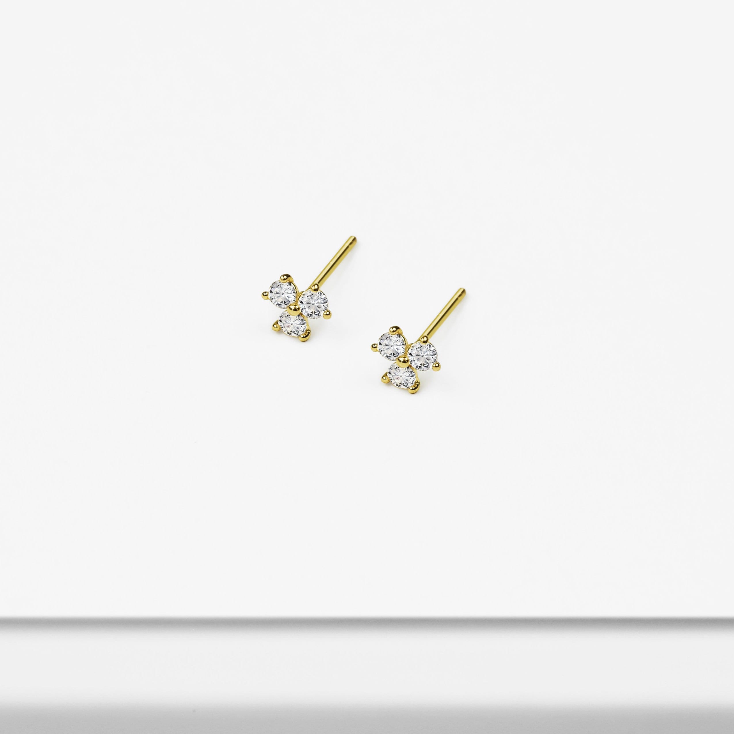 Orecchini a bottone Trinity in oro massiccio 14k con piccoli zirconi cubici, orecchini a bottone in oro rosa con zirconi cubici, orecchini a bottone i
