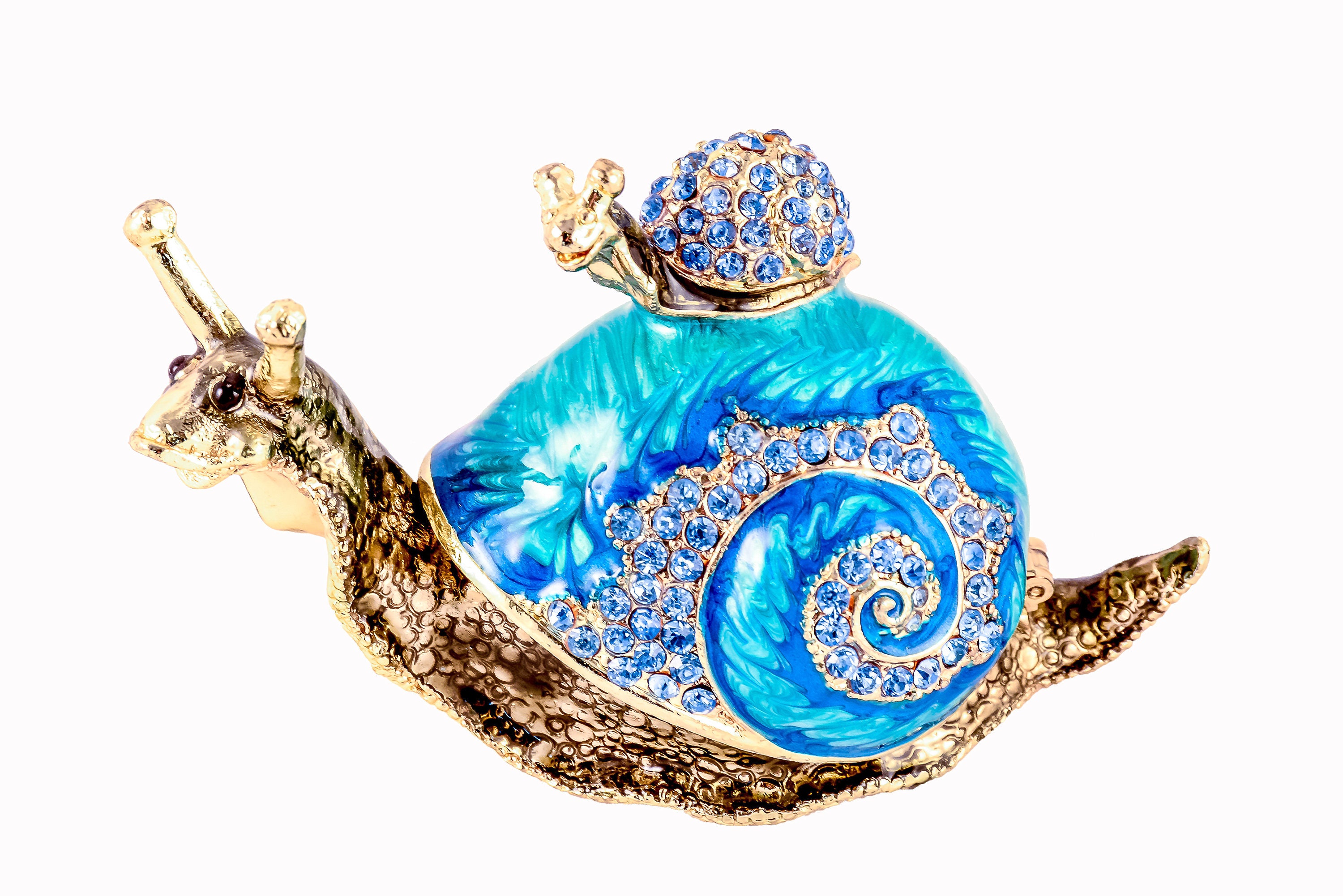 Ciel Collectables - Portagioie a forma di lumaca con bambino. Smalto blu dipinto a mano con cristalli austriaci.