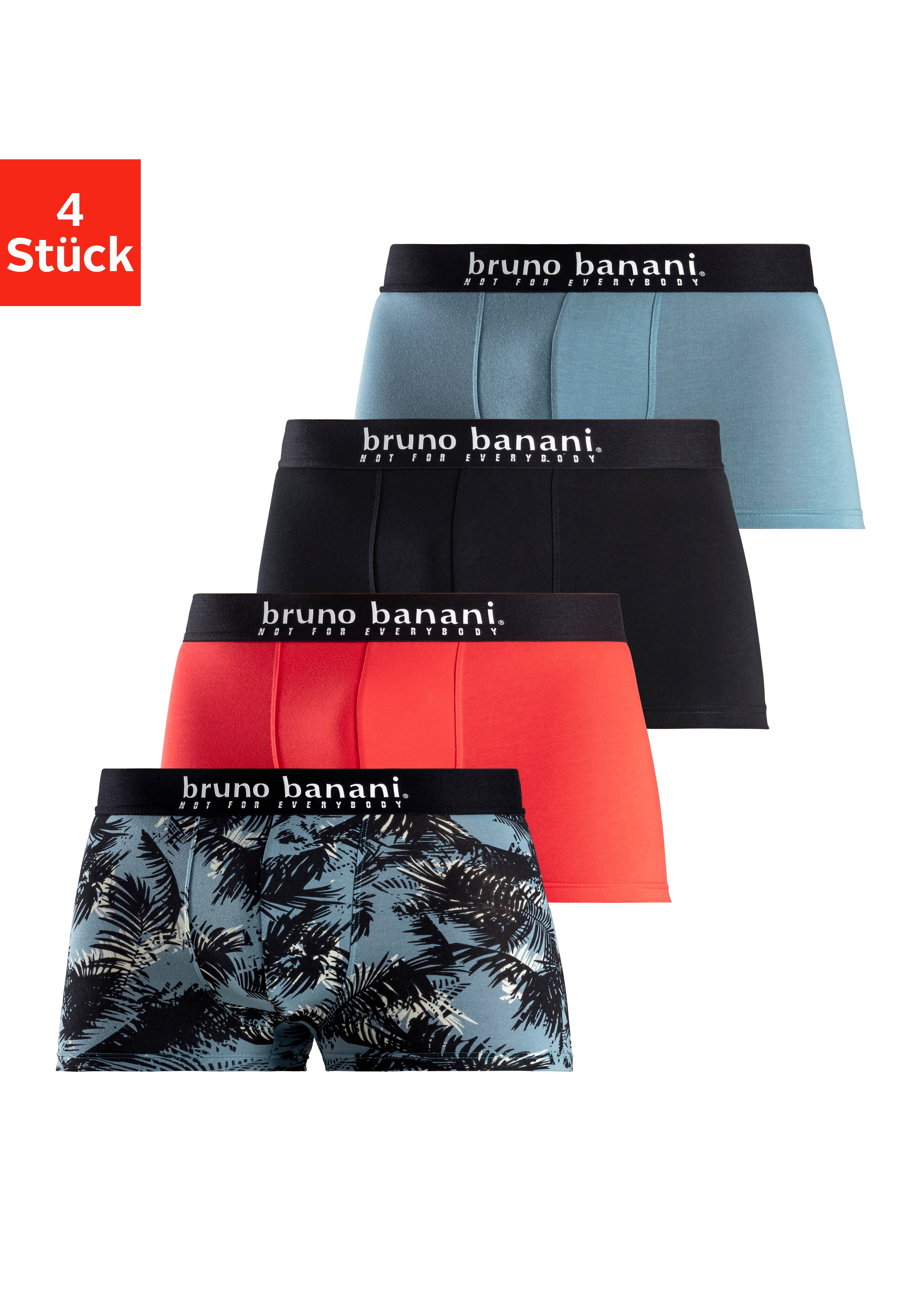 Boxer BRUNO BANANI "Boxershorts für Herren", Herren, Gr. L6, bunt (grau bedruckt, rot, grau, schwarz), Jersey, Obermaterial: 92% Baumwolle, 8% Elasthan, bedruckt, unifarben, Unterhosen, mit Palmendruck und unifarben aus Baumwollmischung Image