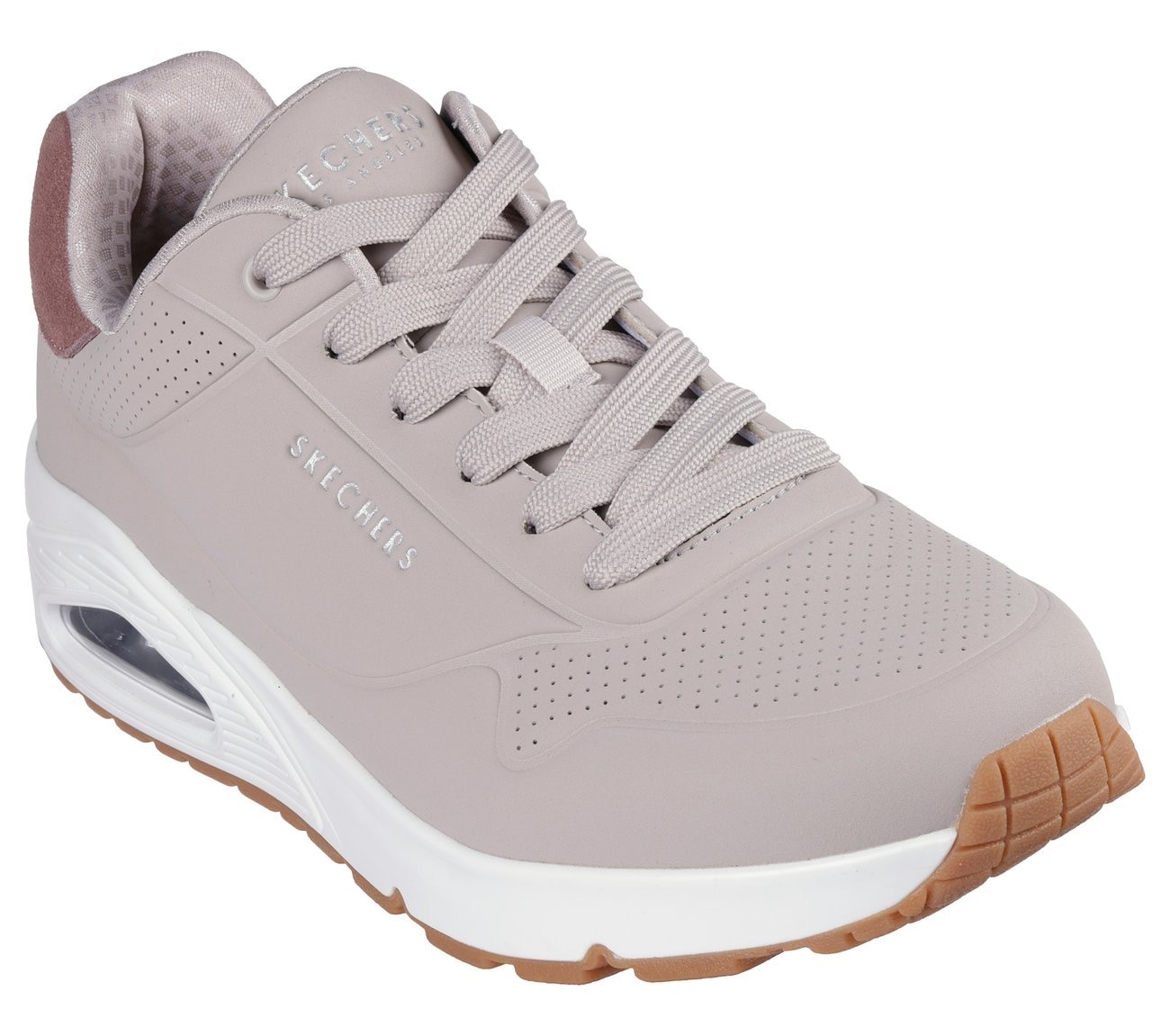 Sneaker SKECHERS "UNO-SUITED ON AIR", Damen, Gr. 43, grau (taupe), Lederimitat, Veloursleder, Schuhe Sneaker, Freizeitschuh, Halbschuh, Schnürschuh mit modischer Keilsohle