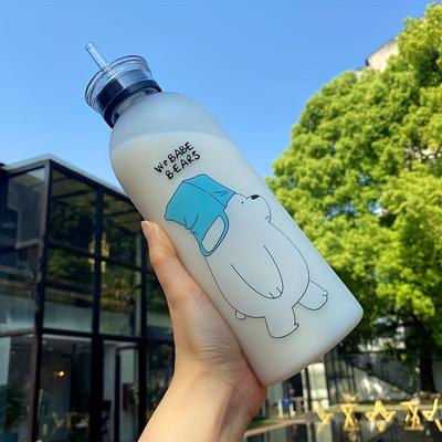 TEMU 1pc 33.81oz Portable Frosted Cartoon Bear Water Bottle With Straw, Outdoor Sports And Fitness Image