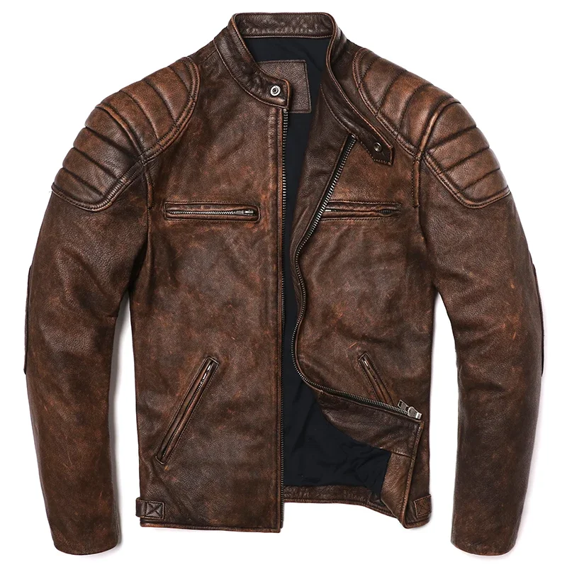 2025 Giacca vintage in vera pelle giallo cammello Cappotto da motociclista da uomo in vera pelle di vacchetta naturale Cappotto da uomo in pelle di vitello sottile