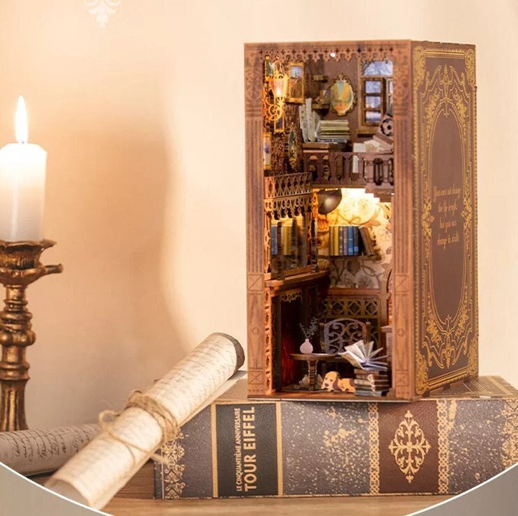 Libreria Eterna fai da te, angolo per libri, inserto per libreria, arredamento in legno, casa delle bambole in miniatura, puzzle in legno 3D, kit mode