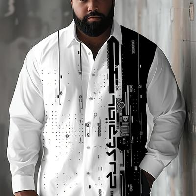 TEMU Men's Plus Size Casual Shirt, Geometric Print, Black And White, Polyester 95% Spandex 5%, Lapel Collar, Regular Fit, Button Detail, Woven Fabric, 120gsm, Spring/fall Season Image