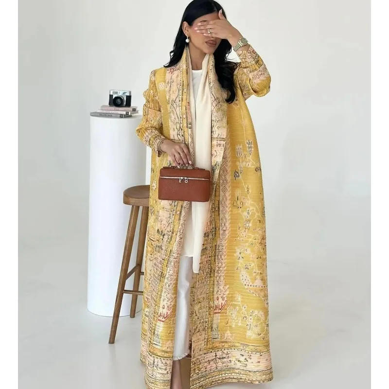 Abaya ethnischen Stil gedruckt Plissee Mantel Cape Schal 2024 Frühling/Sommer großen Kragen Schnür Strickjacke Top lange Wind jacke Robe Image
