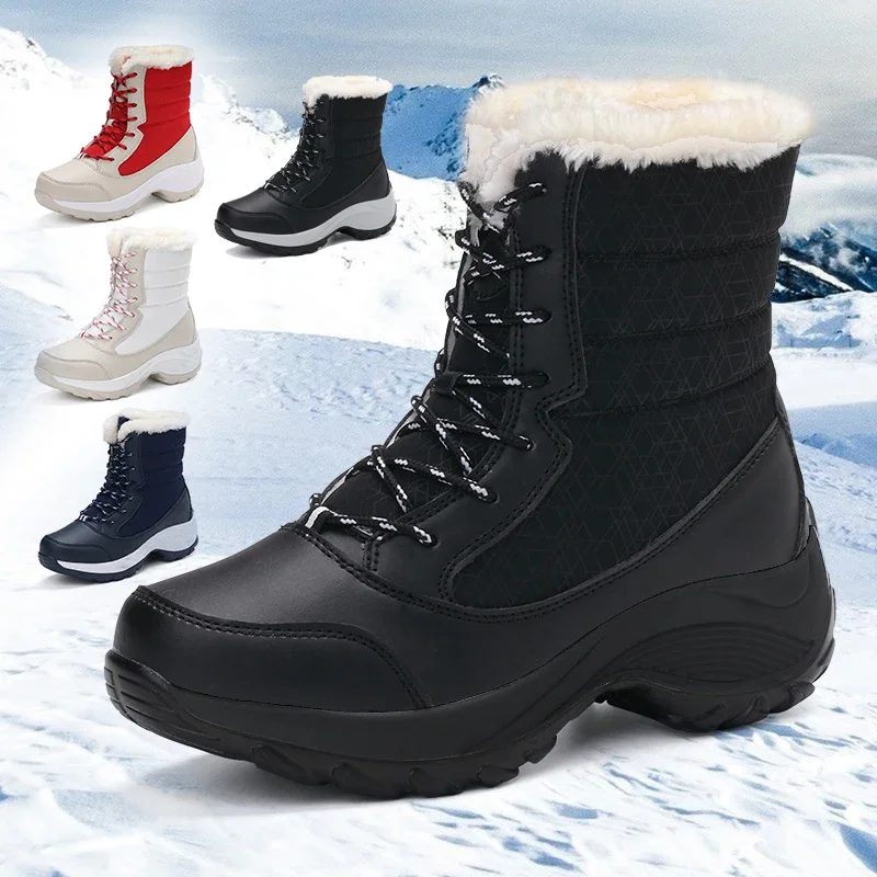 Frauen Plattform Stiefel Winter Wanderschuhe für Frau Plüsch Warm Halten Oberschenkel Hohe Stiefel Outdoor Winter Schnee Schwarz Stiefeletten 2025