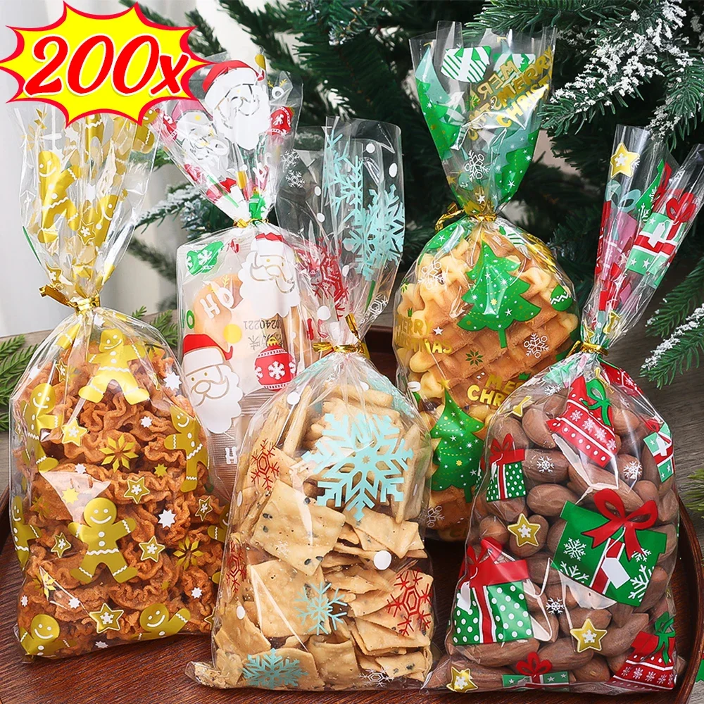 200/50 stücke Weihnachten Geschenk Taschen Transparent Santa Claus Weihnachten Baum Backen Süßigkeiten Cookie Verpackung Tasche Neue Jahr Kinder Party liefert Image