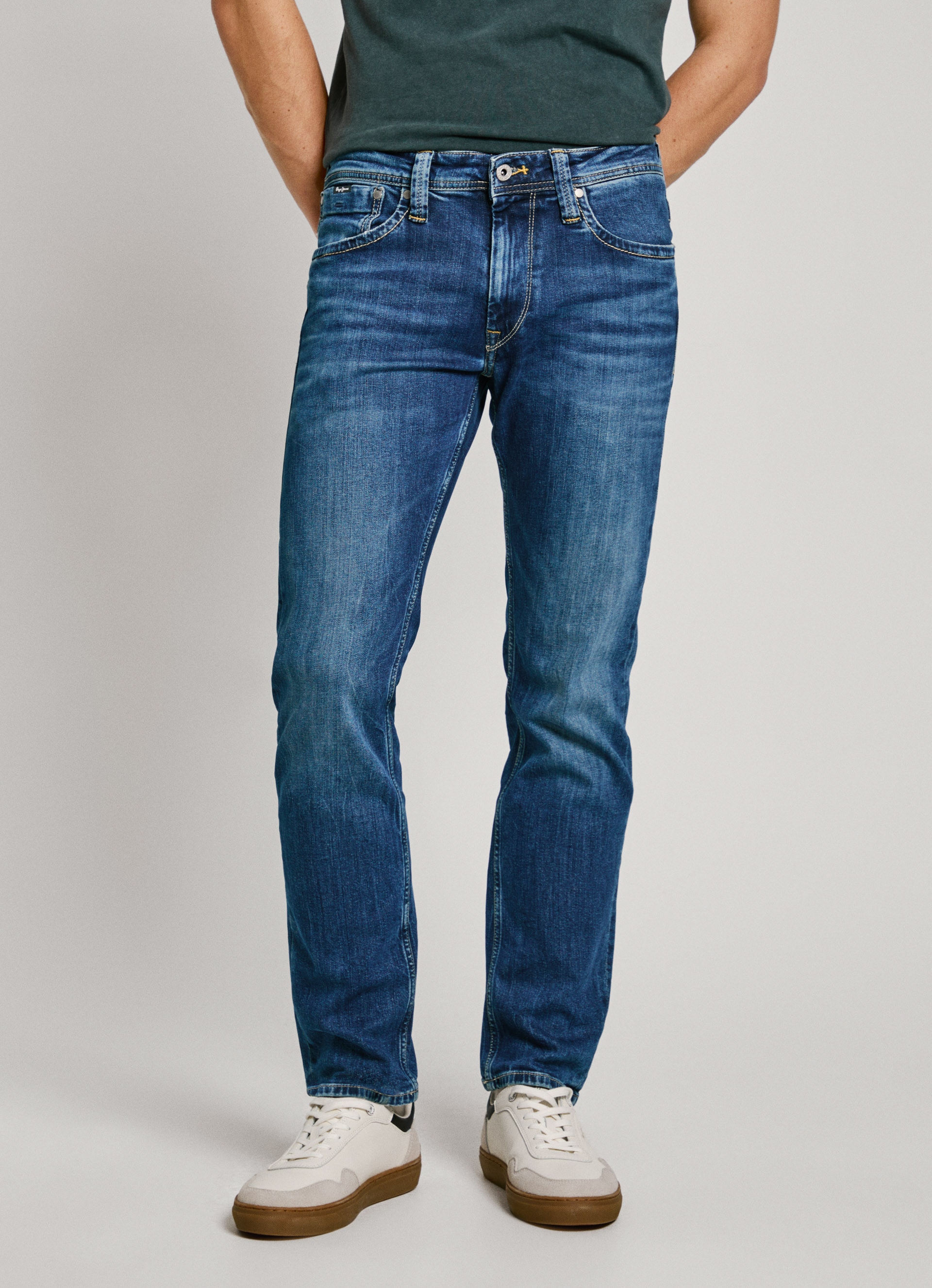 Regular-fit-Jeans PEPE JEANS "CASH", Herren, Gr. 36, Länge 36, blau (mid blau), Denim/Jeans, Obermaterial: 99% Baumwolle, 1% Elasthan, leichte Abriebeffekte, normal lang, Jeans