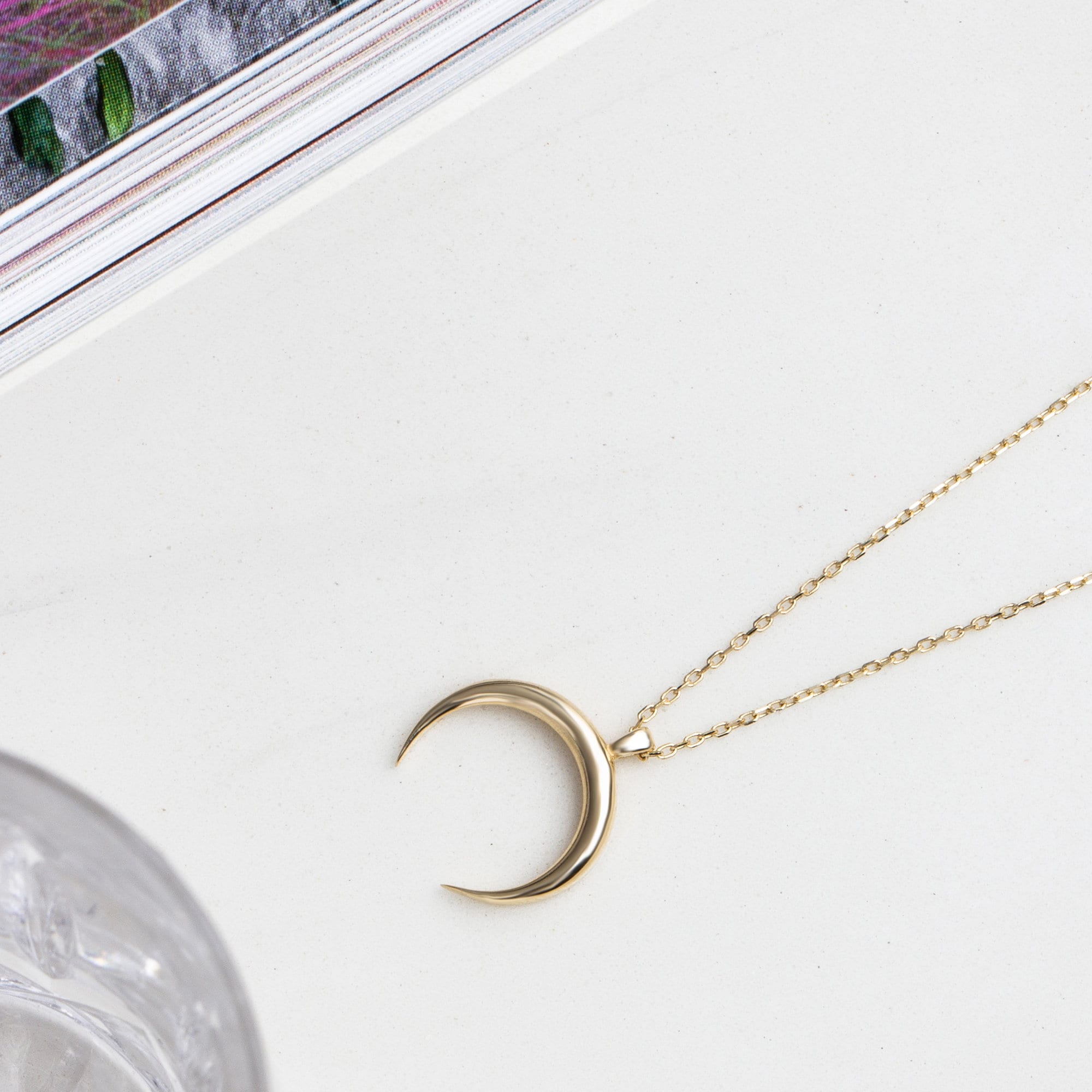 Collana Luna, Ciondolo Luna, Luna Crescente, Collana Crescente, Collana Mezzaluna, Gioielli Corno, Collana Corno, Collana Luna 14K